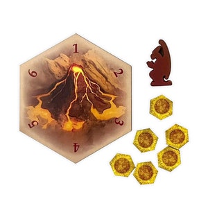 Scénario Awaken the Dragon Volcano avec des pions en bois, des maléfices et des pièces, compatible avec les extensions Catan&#39;s Settlers of Catan, Seafarers et Catan