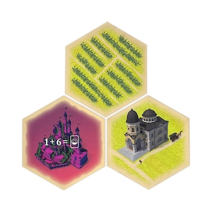 May include: Three hexagonal game tiles with illustrations. The first tile has a pink and purple castle with the text "1+6=7". The second tile has a green field with rows of green plants. The third tile has a yellow building with a brown roof and two domes.