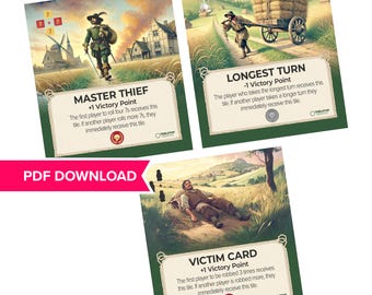 Printable Victim Card, Longest Turn, Master Thief replacement tile cards compatible with Catan 6th Edition - Digital Download