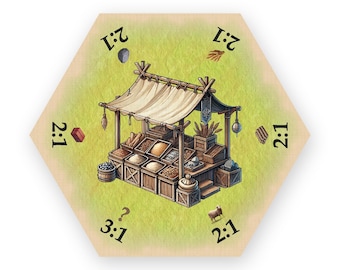 May include: A hexagonal wooden game board with a market stall in the center. The stall has a white canvas roof and is filled with various goods. The board has six sides, each with a different trading ratio written on it, such as "2:1" and "3:1".