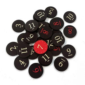 Dark Mode Replacement Number Tokens with Roll Chance Indicator compatible with Catan's Settlers of Catan 5-6 Player Extension