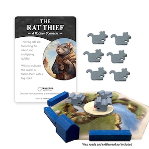 Rattendiefroversset compatibel met Catan's Kolonisten van Catan en Catan-uitbreidingen. Inclusief 6 houten rattenmeeples en regels