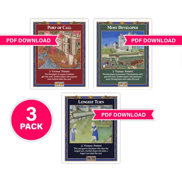 TTM Longest Turn, Most Developed & Port of Call Cards compatible with Catan's Settlers of Catan - Digital Download