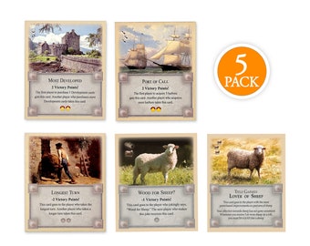 May include: A 5-pack of Catan expansion cards featuring illustrations of a castle, ships, a farmer, sheep, and a sheep with a crown. The cards are titled "Most Developed", "Port of Call", "Longest Turn", "Wood for Sheep?", and "Title Gained: Lover of Sheep".