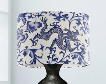 Hampton style decor, Blue and Cream chinese dragon Chinoiserie Lampshade, oriental decor, table lamp shade, asian inspired, asian decor
