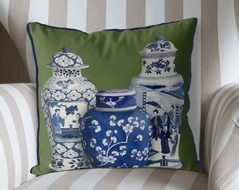 Chinoiserie Kissenbezug mit Grünen, Blauen und Weißen Ingwer Gläsern
