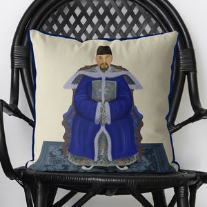Chinoiserie pillow covers - Oriental Ancestor Portrait - Emperor 1 in Blue