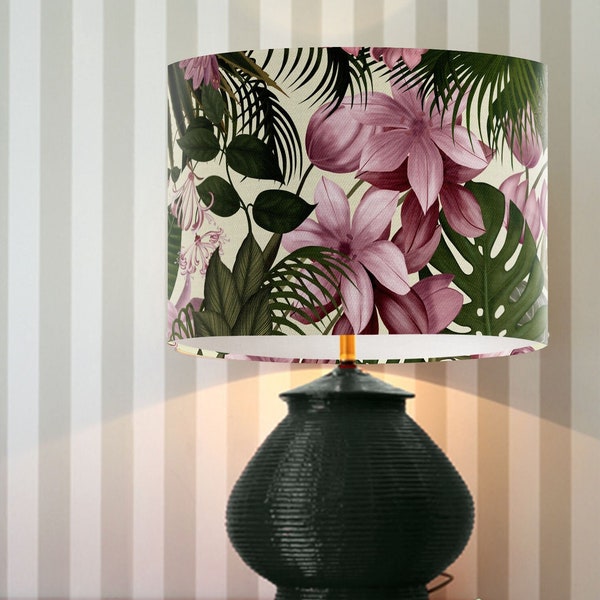 Blush Pink and Green tropical floral drum lampshade, table lampshade, large botanical lampshade for living room or bedroom, printed lampshde