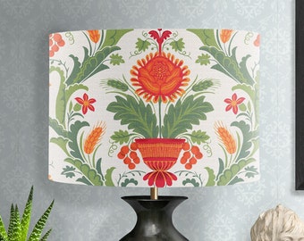 Paralume floreale, lampada a fiori arancione e verde, stile metà secolo