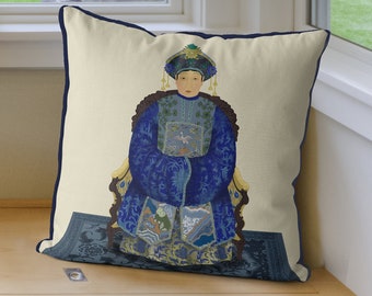 Chinoiserie pillow covers - Oriental Ancestor Portrait - Empress 1 in Blue