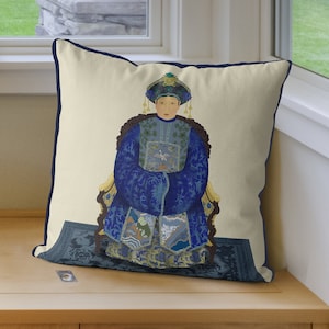 Chinoiserie pillow covers - Oriental Ancestor Portrait - Empress 1 in Blue