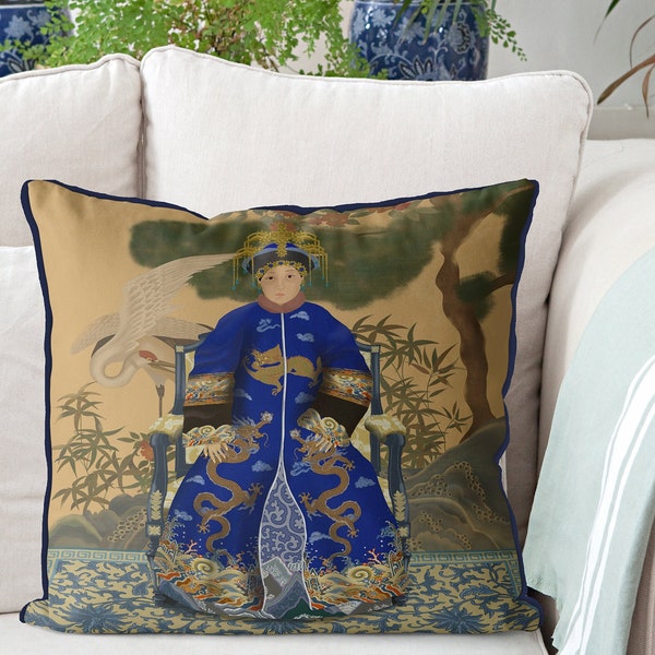 Chinoiserie pillow covers - Oriental Ancestor Portrait - Empress 2 in Blue