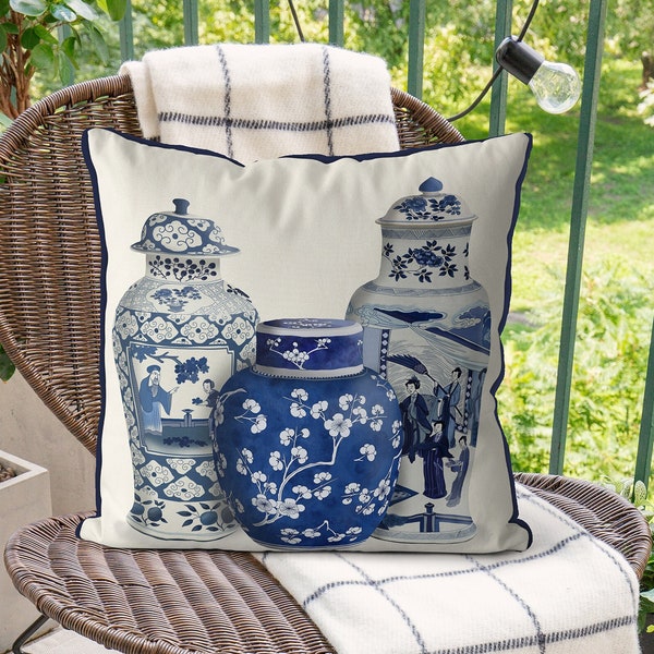 Chinoiserie pillow cover Blue and white decorative pillow Hamptons style pillow Oriental scatter cushion Asian ginger jar pillow Vase trio 2