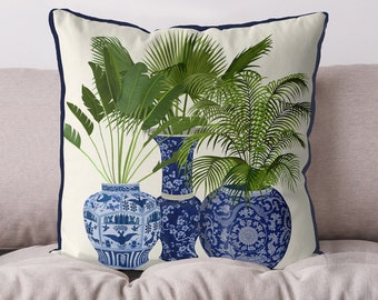 Chinoiserie pillow cover Blue  white Hamptons style Green fern sofa pillow Oriental cushion cover Chinese couch pillow Asian Vase trio no.4