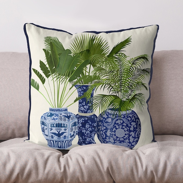 Chinoiserie pillow cover Blue  white Hamptons style Green fern sofa pillow Oriental cushion cover Chinese couch pillow Asian Vase trio no.4