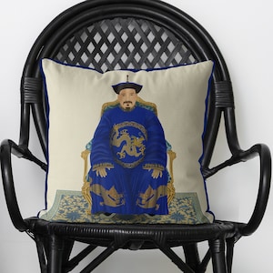 Chinoiserie pillow covers - Oriental Ancestor Portrait - Emperor 2 in Blue