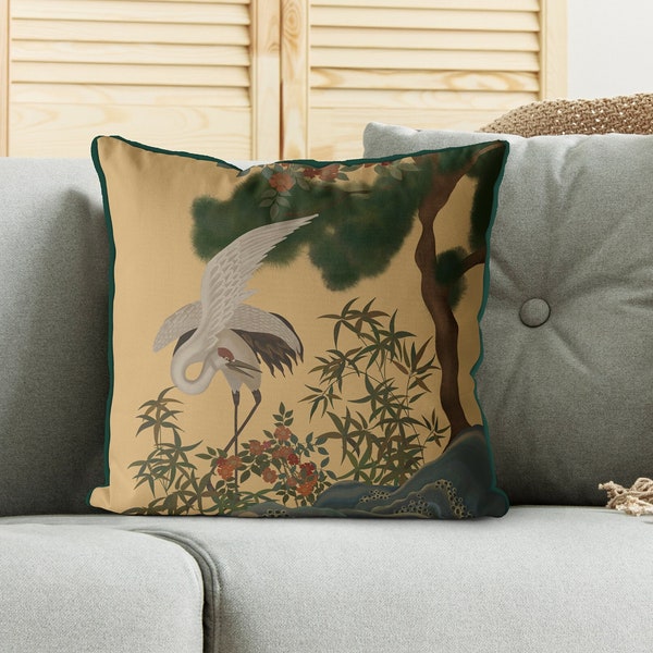 Chinoiserie pillow covers - Crane Garden 3 on Calico Gold - chinoiserie cushion, oriental decor, asian decor, chinese decor, designer pillow