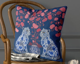 Chinoiserie pillow cover, Leopard Twins on Blue, Modern Chinoiserie cushion cover, high end Pillow cover Designer throw cushion throw pillow