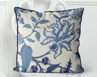 Blue and white Designer Pillow cover, jacobean floral style, beach house decor, hampton style floral euro sham accent cushion 18x18 - Asmara