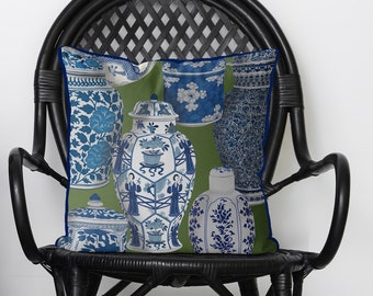 Chinoiserie Vase Collage Pillow Cover – Blue & White, Green