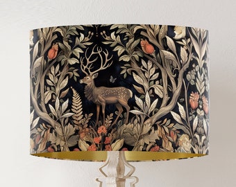 William Morris style lampshade, Deer in Forest Setting, handmade printed fabric Stag drum lamp shade, gold lining, country home decor