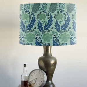 William Morris Style Green and blue floral lampshade, english country decor, botanical drum lampshade, printed lampshade