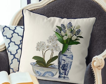 Chinoiserie pillow covers Chinese cushion Asian style decor Oriental sofa pillow Blue and white Hamptons style Orchid print Flower duo 4