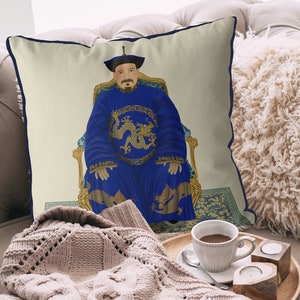 Chinoiserie cushion covers - Chinese Ancestor Portrait - Emperor 2 in Blue, chinoiserie pillows