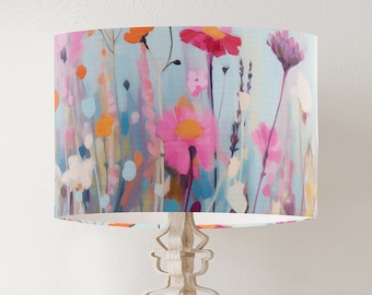 Paralume a tamburo floreale in stile scandinavo, paralume in tessuto stampato, grande paralume botanico per decorazioni primaverili per camera da letto rosa azzurro lilla