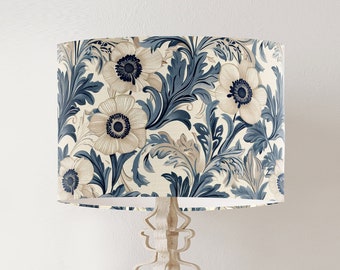 William Morris Style Lampshade, Blue Poppy Floral Drum Shade, Handmade