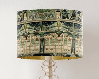 William Morris Style Lampshade, Palm Tree Victorian Greenhouse, Gold Lining