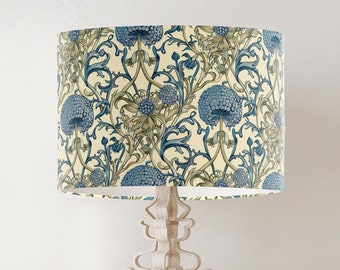 William Morris style lampshade, Blue and Green Allium Floral pattern, large fabric handmade printed drum lamp shade, country home decor
