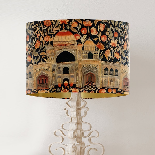 William Morris style lampshade, Indian style palace  floral design, handmade printed fabric drum lamp shade, gold lining, country home decor