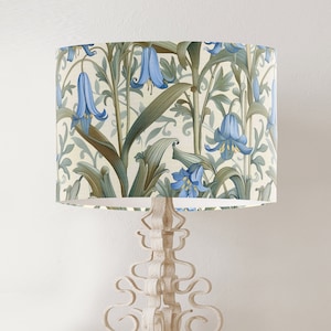 William Morris style lampshade, Blue and Green Bluebell Floral pattern, large fabric handmade printed drum lamp shade, country home decor