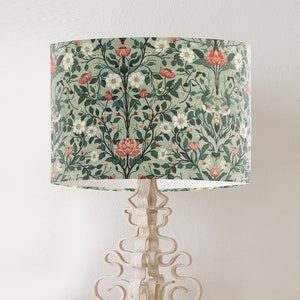 William Morris style lampshade, Pink White flowers on pale green, handmade printed fabric drum lamp shade, country home decor