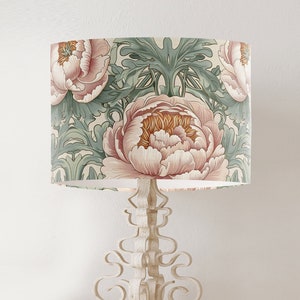 William Morris style lampshade, Pink and Green Peony Floral pattern, large fabric handmade printed drum lamp shade, country home decor