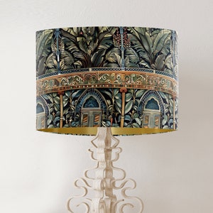 William Morris style lampshade, Palm Trees in Victorian Greenhouse design, handmade printed fabric drum lamp shade, gold lining