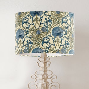 William Morris style lampshade, Blue and Green Allium Floral pattern, large fabric handmade printed drum lamp shade, country home decor