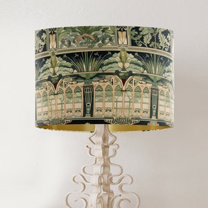 William Morris style lampshade, Palm Trees in Victorian Greenhouse design, handmade printed fabric drum lamp shade, gold lining