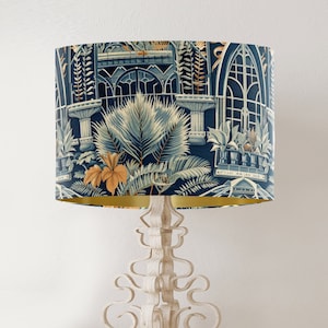 William Morris style lampshade, Palm Trees in Victorian Greenhouse design, handmade printed fabric drum lamp shade, gold lining