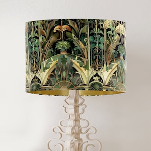 William Morris style lampshade, Art Nouveau Abstract Botanical Pattern in greens, handmade printed fabric drum lamp shade, gold lining