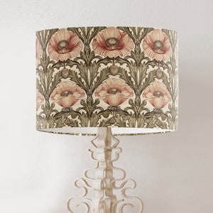 William Morris style lampshade, Pink and Green Poppy Floral pattern, large fabric handmade printed drum lamp shade, country home decor