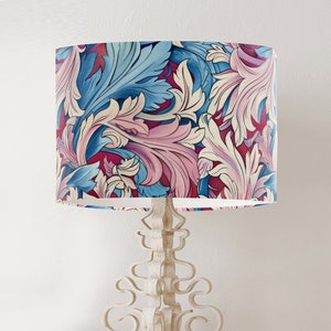 William Morris style lampshade, Pink and Blue Acanthus pattern, large fabric handmade printed drum lamp shade, country home decor