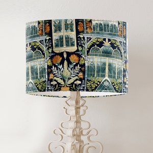 William Morris style lampshade, Greenhouse floral pattern on black, large fabric handmade printed drum lamp shade, country home decor