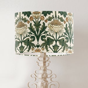 William Morris style lampshade, Green and White Daisy Floral pattern, large fabric handmade printed drum lamp shade, country home decor