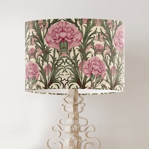 William Morris style lampshade, Pink Carnation Floral pattern, large fabric handmade printed drum lamp shade, country home decor