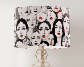 Bold Statement Designer Lighting Monochrome Womens Face Lampshade, Red Black white glamorous lampshade, chic art deco style grandmillenial