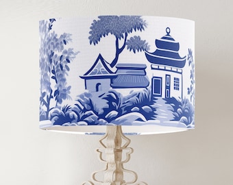 Handgemaakte chinoiserie-lampenkap, blauw-witte Chinese pagodeprint