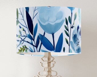 Blue Floral Drum Lampshade, Scandinavian Style Botanical Print