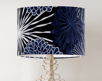 Navy Blue Floral Lampshade, Handmade Coastal Decor